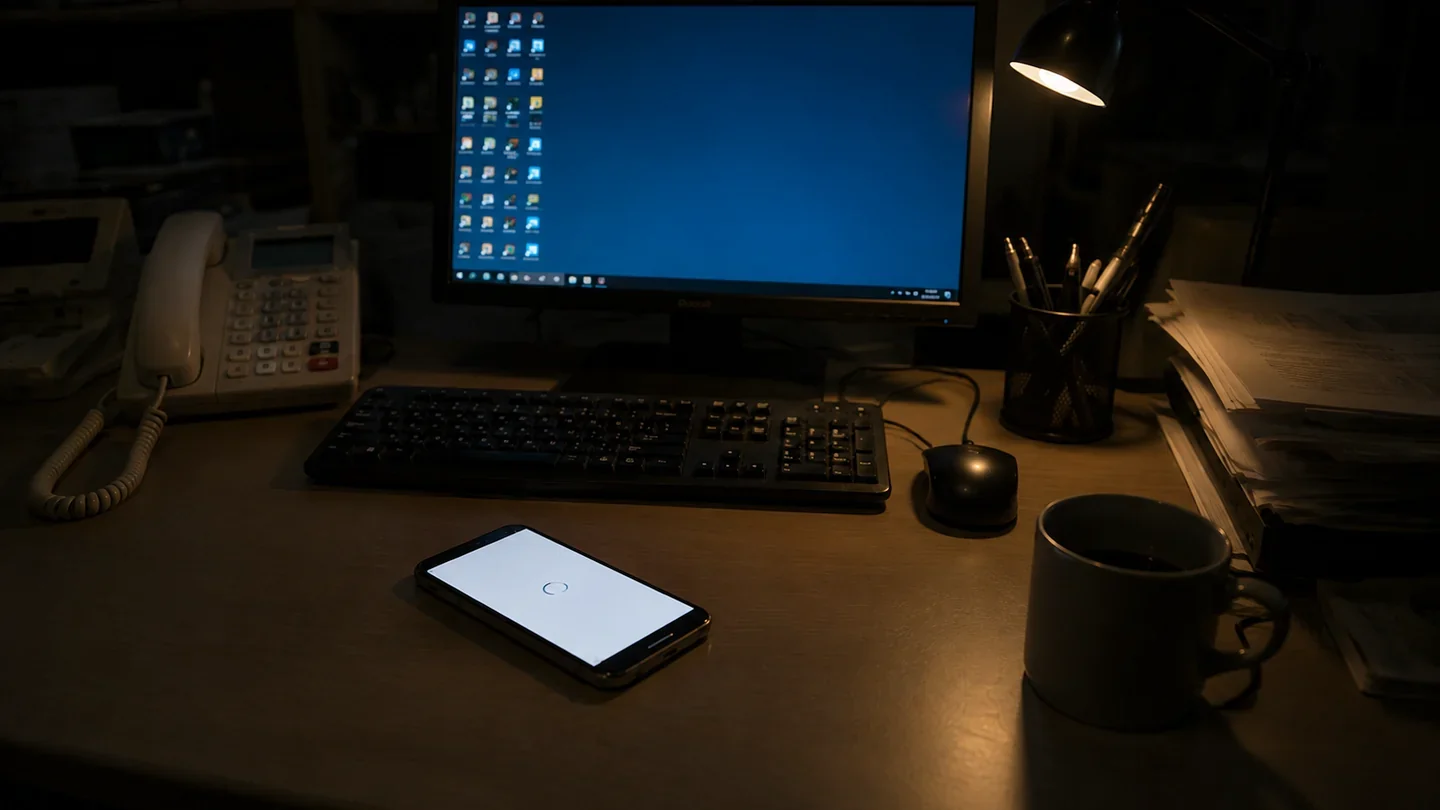 暗い事務所の机。パソコンのモニターにはサイトが表示されているが、手前に置かれたスマートフォンはまだ読み込み中で白い画面のまま。